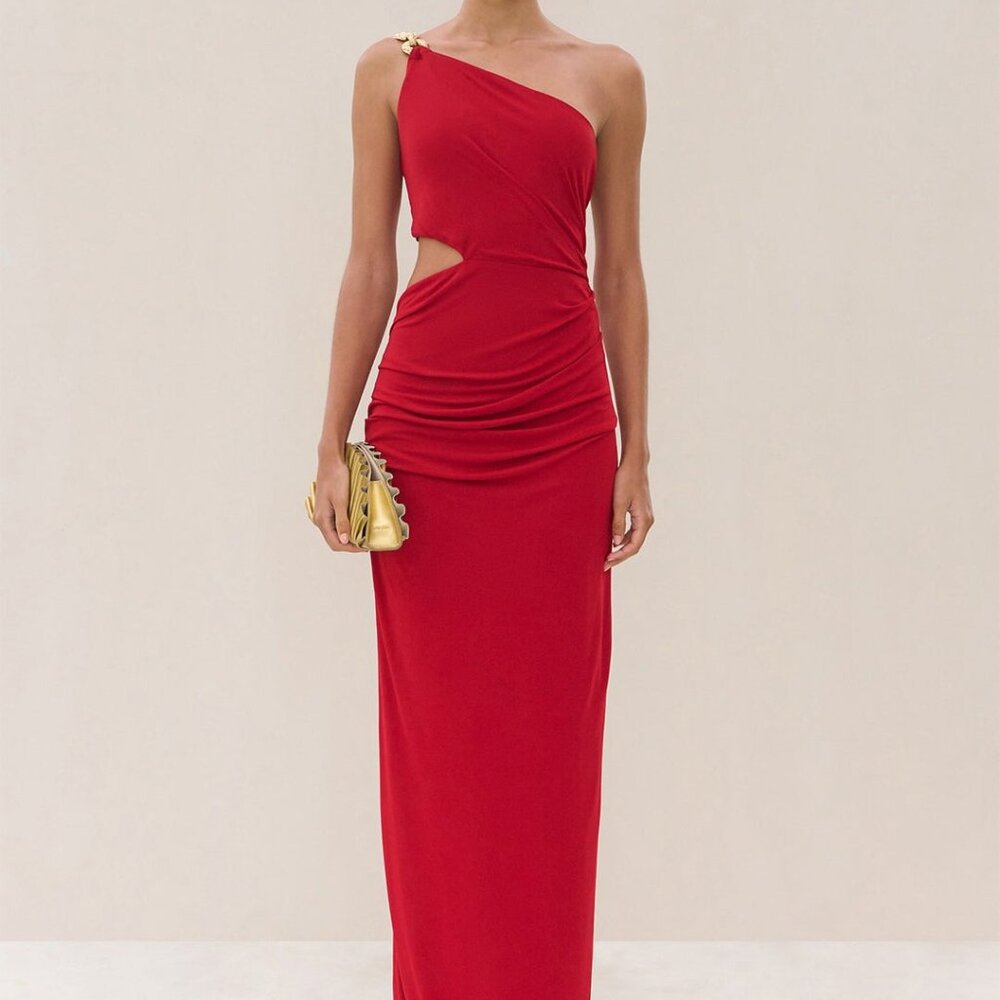 Cult Gaia Cobi Gown in Merlot red asymmetrical cutout maxi dress ruched